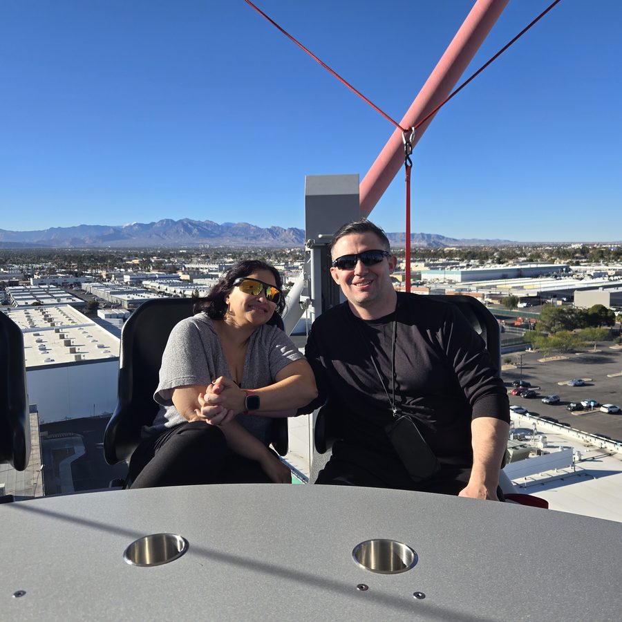 Nick and Nagham on a rooftop ride over Las Vegas