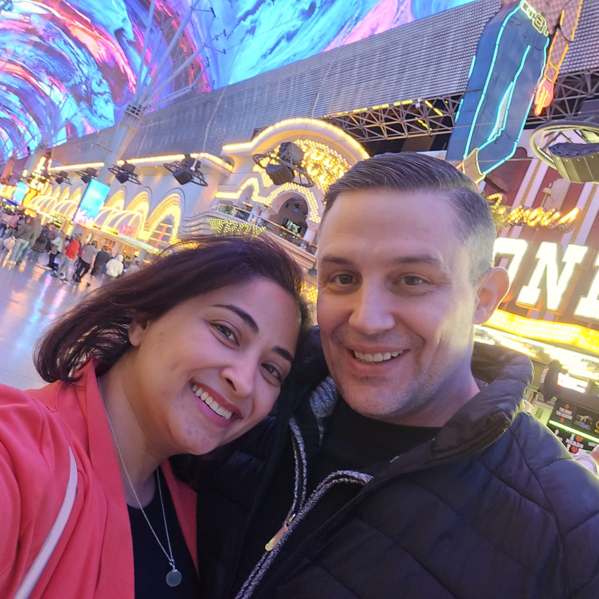 Nick and Nagham on Fremont Street in Las Vegas
