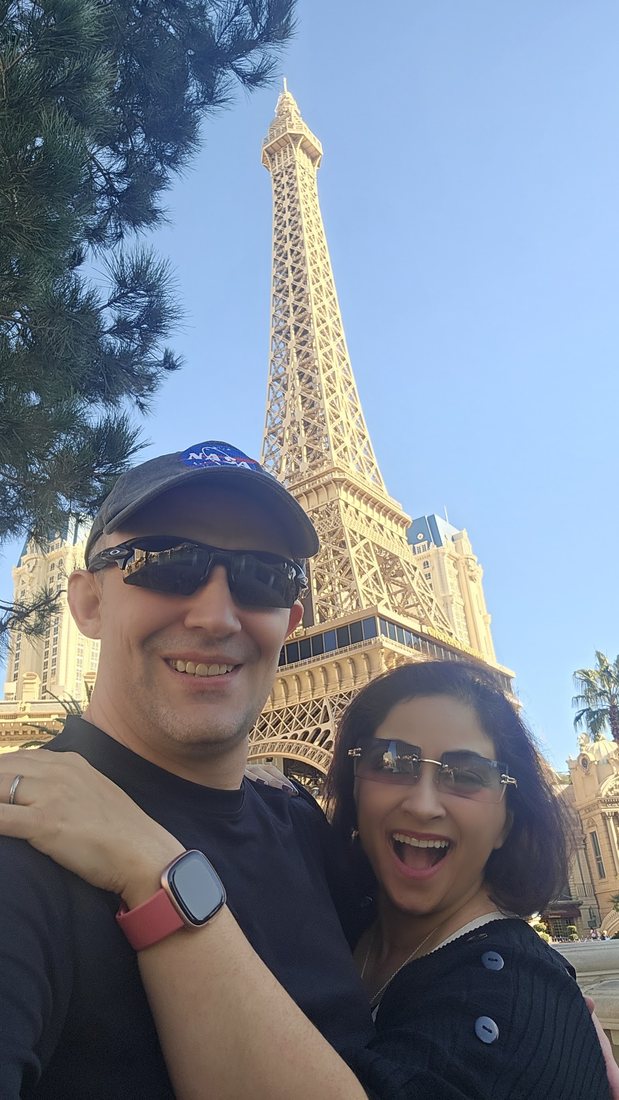 Nick and Nagham under the Eiffel Tower at Paris Las Vegas