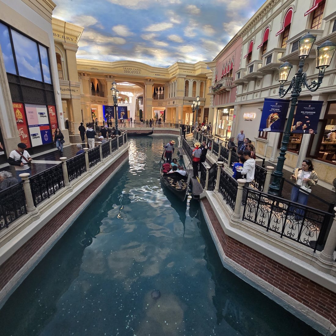 The canal and gondolas inside the Venetian