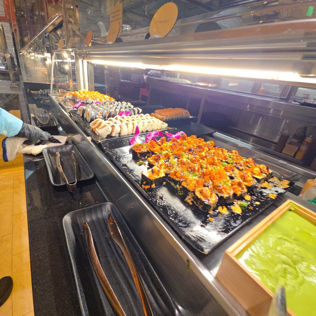 Sushi and seafood on a buffet line