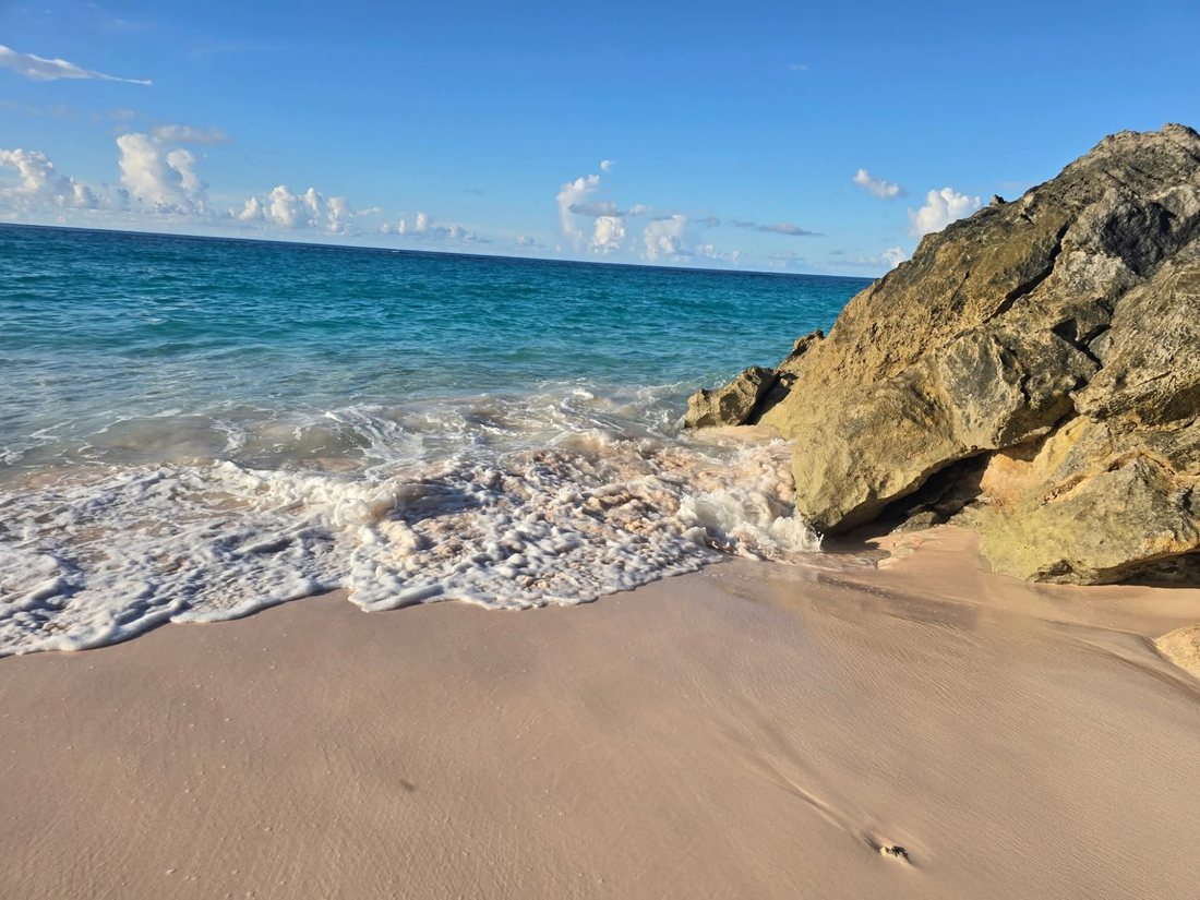 A Bermuda beach with clear water and rocks